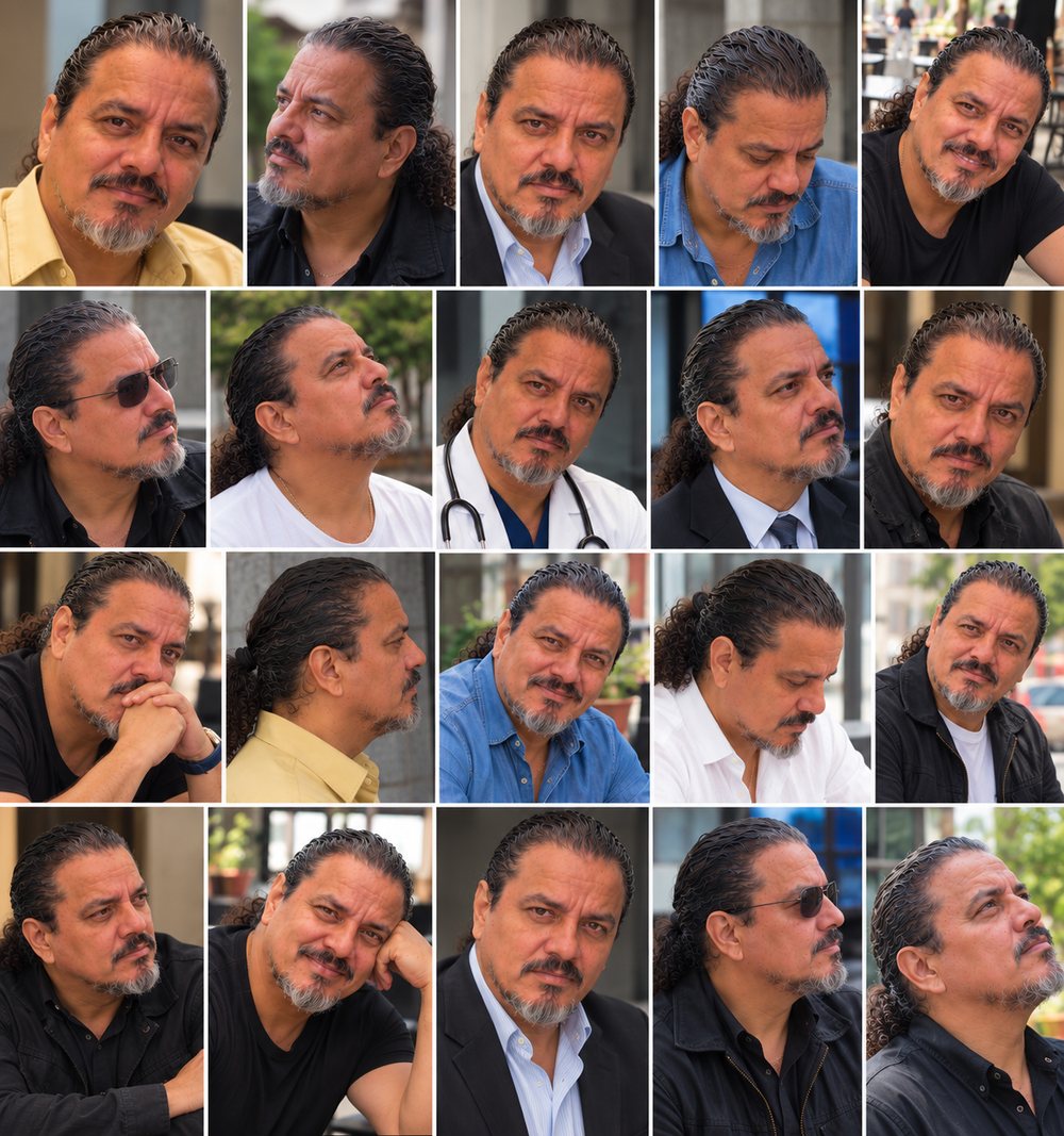 Contact sheet of 20 looks for David Hernandez: casual yellow and blue shirts, black tees, suit and tie, doctor’s white coat with stethoscope, sunglasses, and profile shots